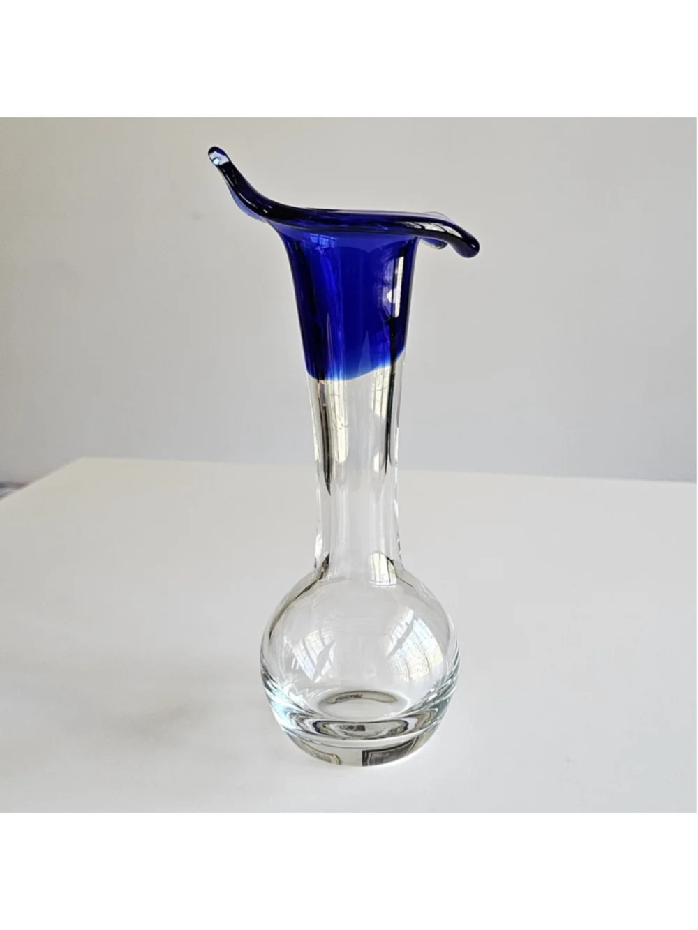 Vintage Murano Style Cobalt Blue & Clear Art Glass Jack-in-the-Pulpit Vase